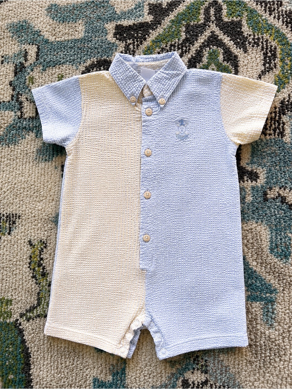 Hartstrings Vintage Cream and Light Blue Knit Baby One-Piece